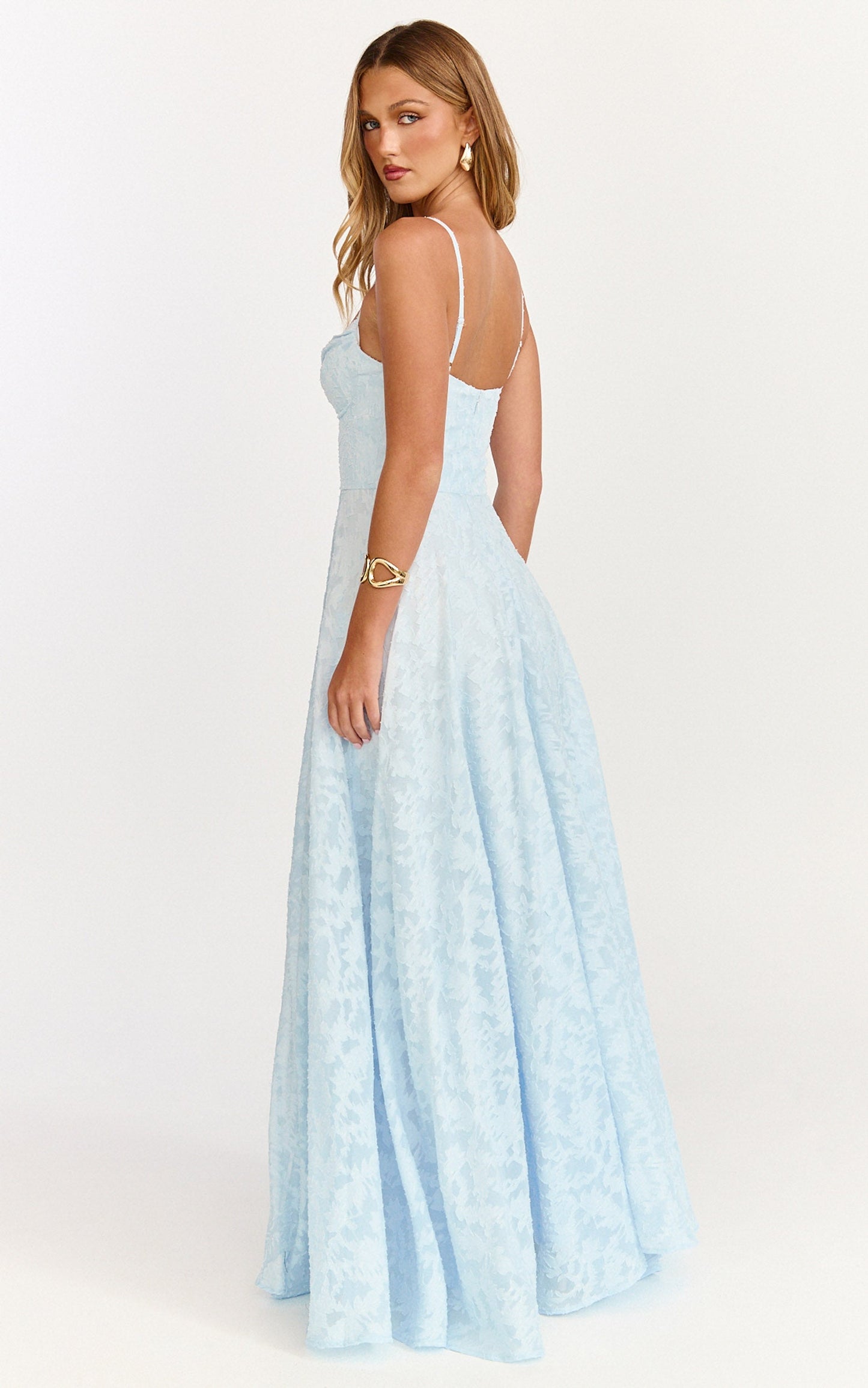Rachel Maxi Dress - Sweetheart Neckline Jacquard Front Split Dress in Ice Blue