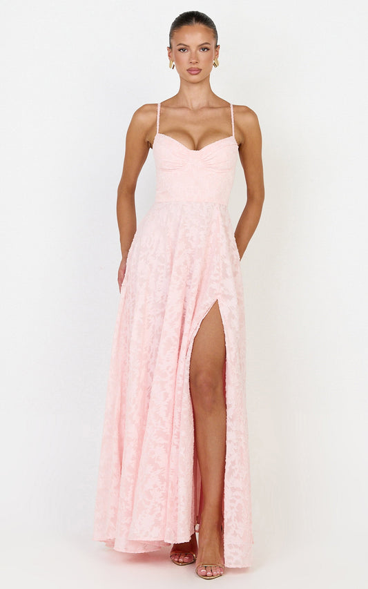 Rachel Maxi Dress - Sweetheart Neckline Jacquard Front Split Dress in Pink