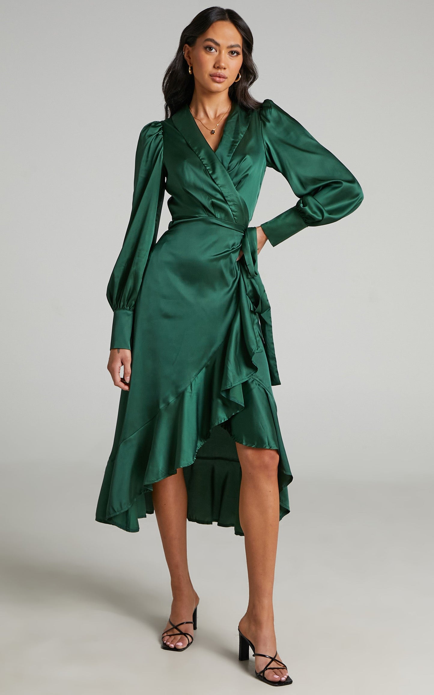 Rada Midi Dress - Long Sleeve Frill Wrap Dress in Forest Green
