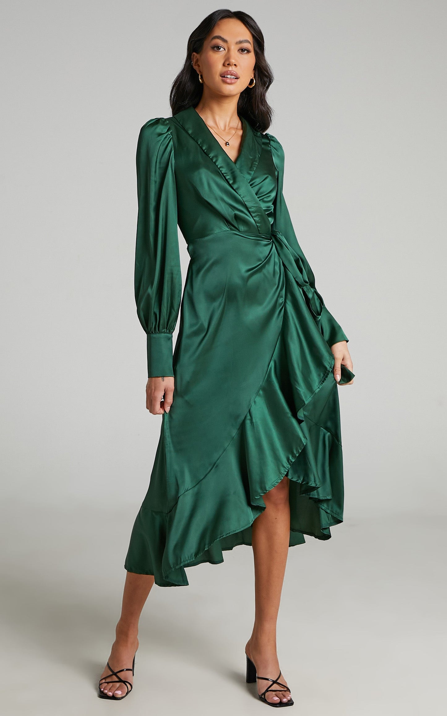 Rada Midi Dress - Long Sleeve Frill Wrap Dress in Forest Green