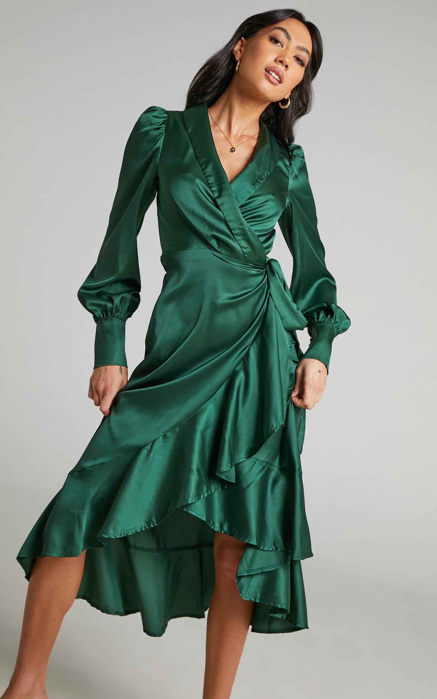 Rada Midi Dress - Long Sleeve Frill Wrap Dress in Forest Green