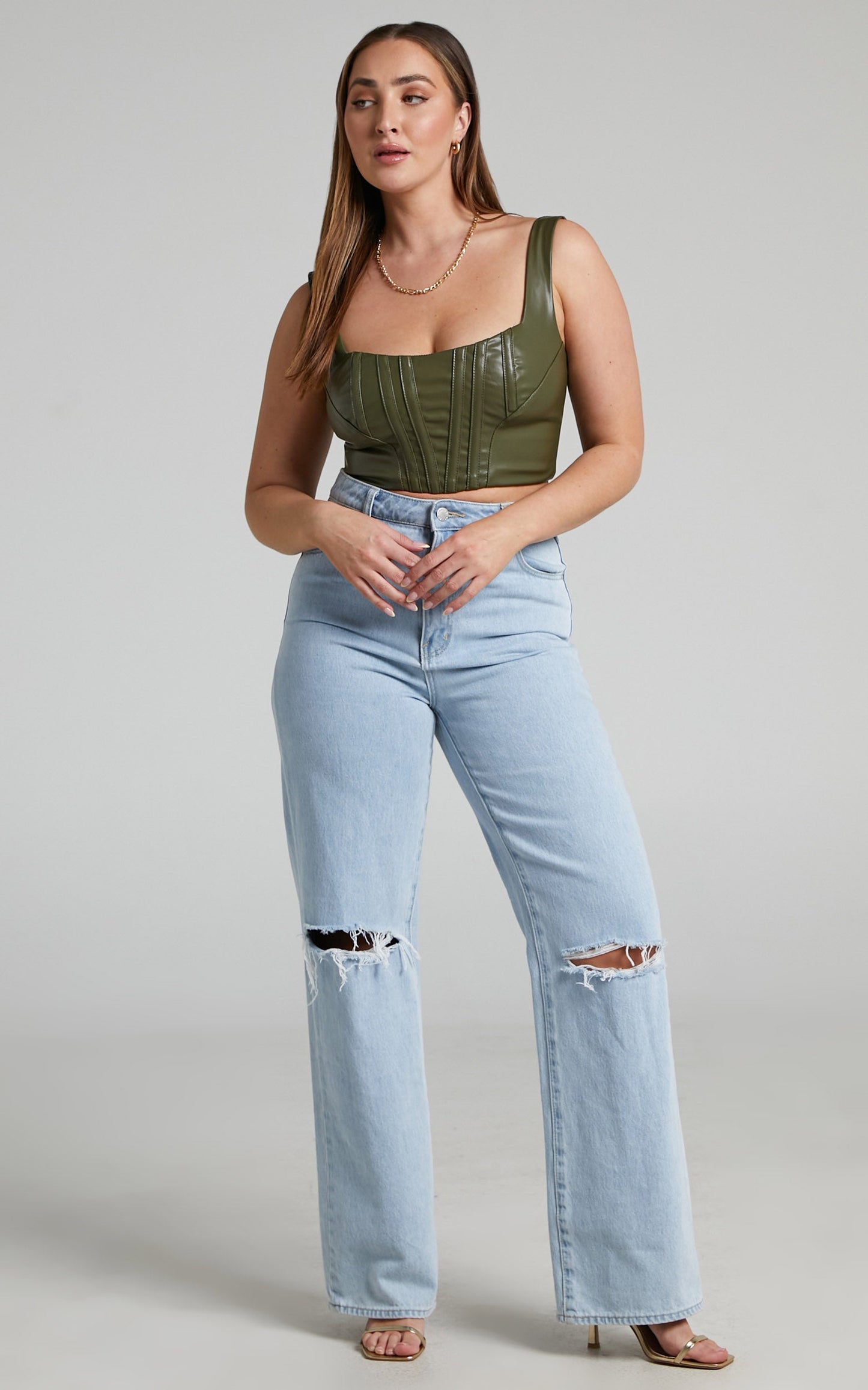 Raeka Top - Faux Leather Corset Top in Olive