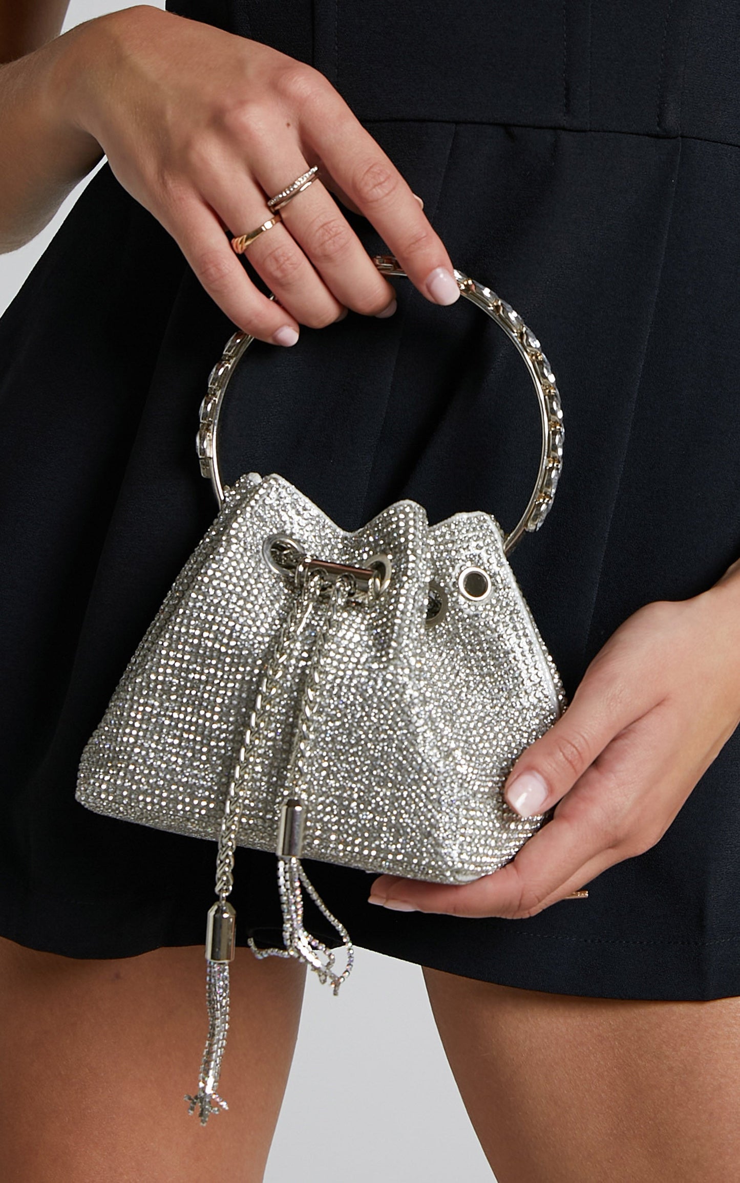 Ramielyn Bag - Diamante Ring Handle Bucket Bag in Silver Diamante