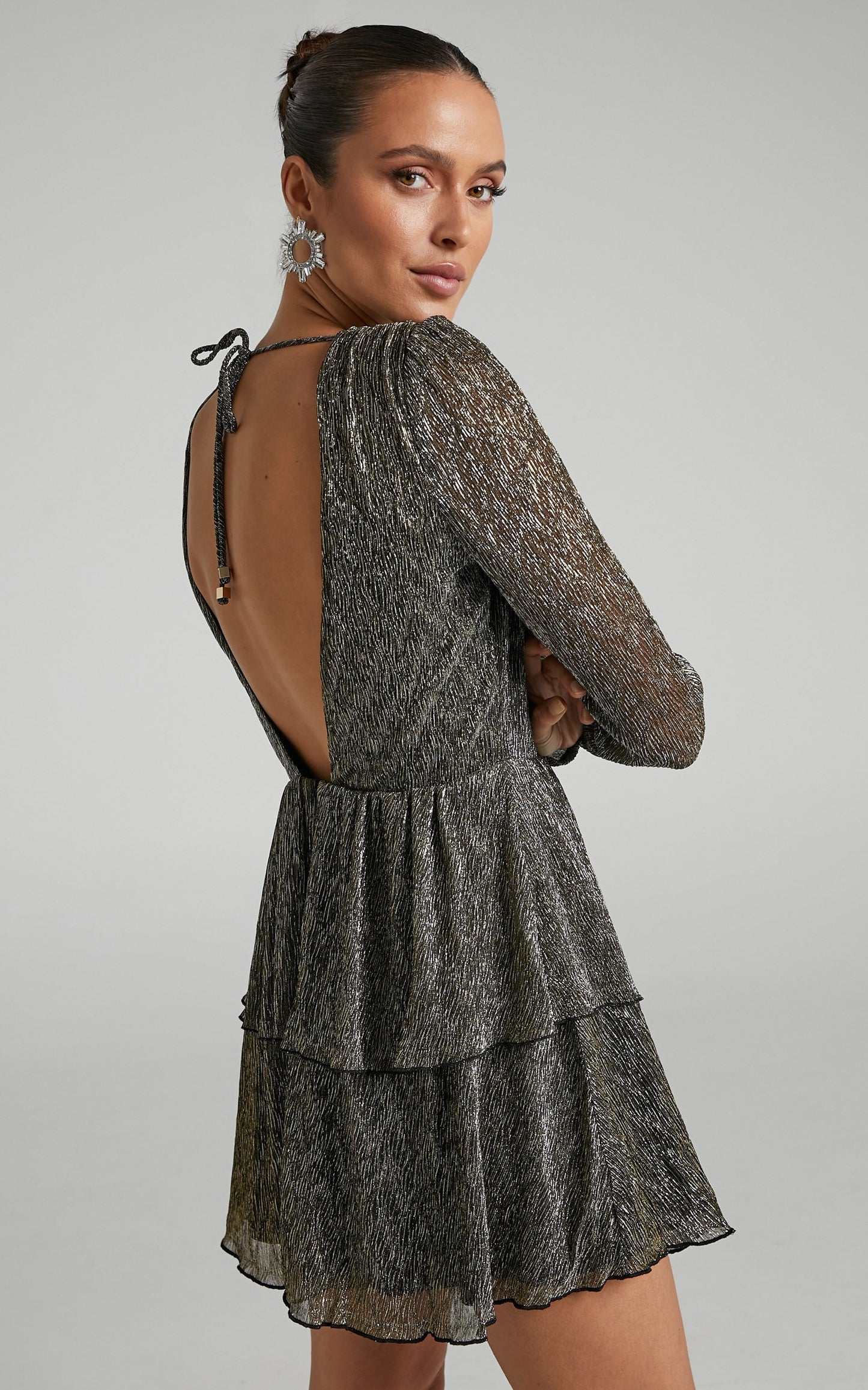 Ramina Mini Dress - Plunge Long Sleeve Tiered Dress in Black/ Gold
