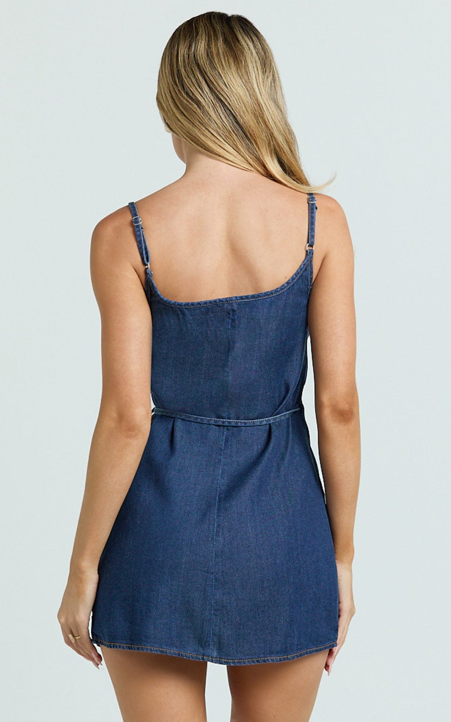 Ramira Mini Dress - Denim Halter Neck Wrap Tie Mini Dress in Raw