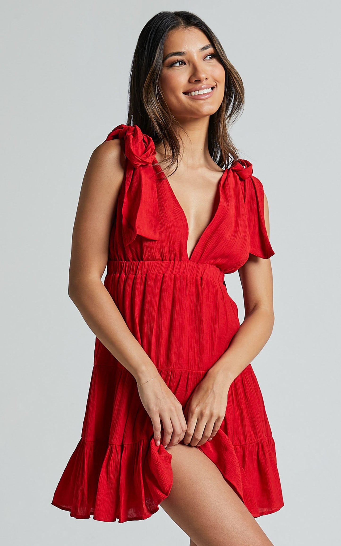 Ramira Mini Dress - Tie Shoulder Plunge Elastic Waist Tiered in Red