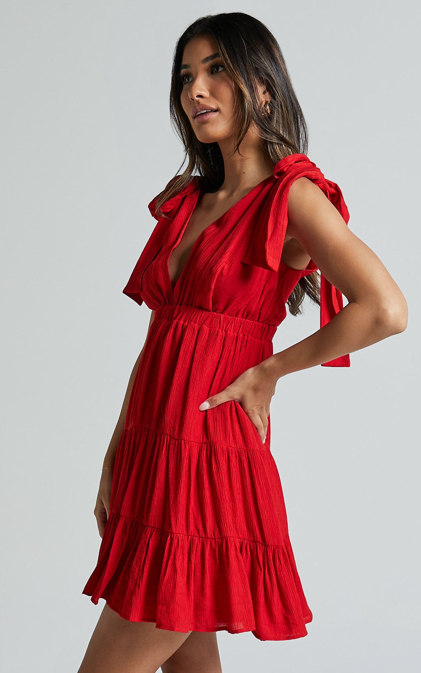 Ramira Mini Dress - Tie Shoulder Plunge Elastic Waist Tiered in Red