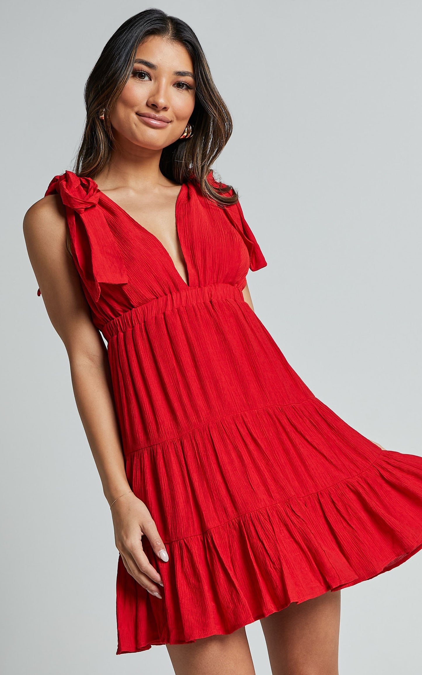 Ramira Mini Dress - Tie Shoulder Plunge Elastic Waist Tiered in Red