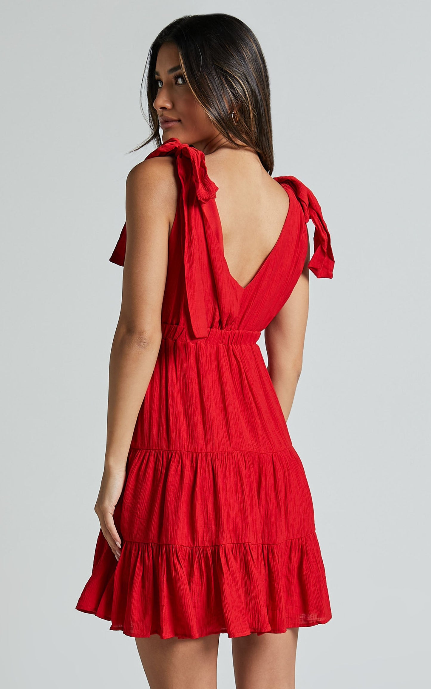 Ramira Mini Dress - Tie Shoulder Plunge Elastic Waist Tiered in Red