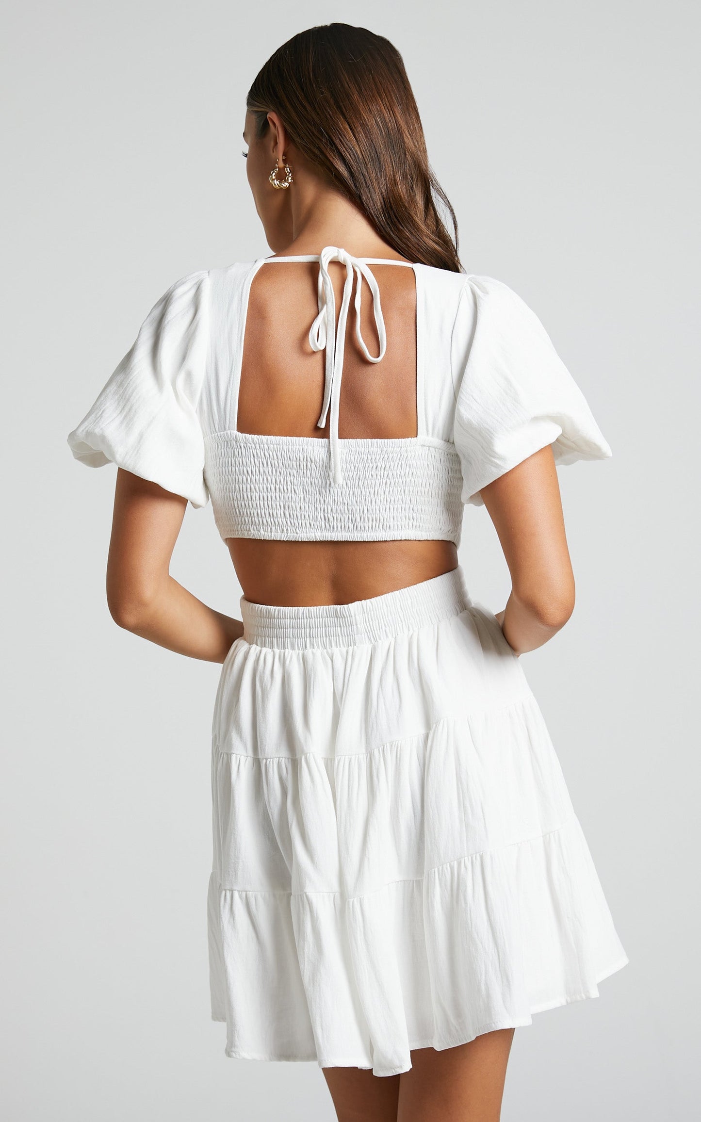 Ramona Mini Dress - Scoop Neck Cut Out Tiered Dress in White