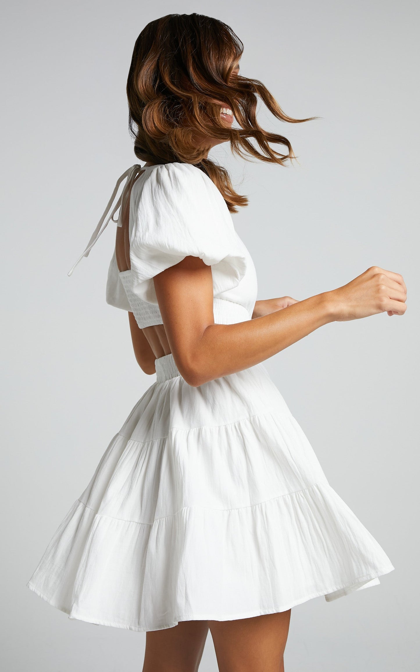 Ramona Mini Dress - Scoop Neck Cut Out Tiered Dress in White