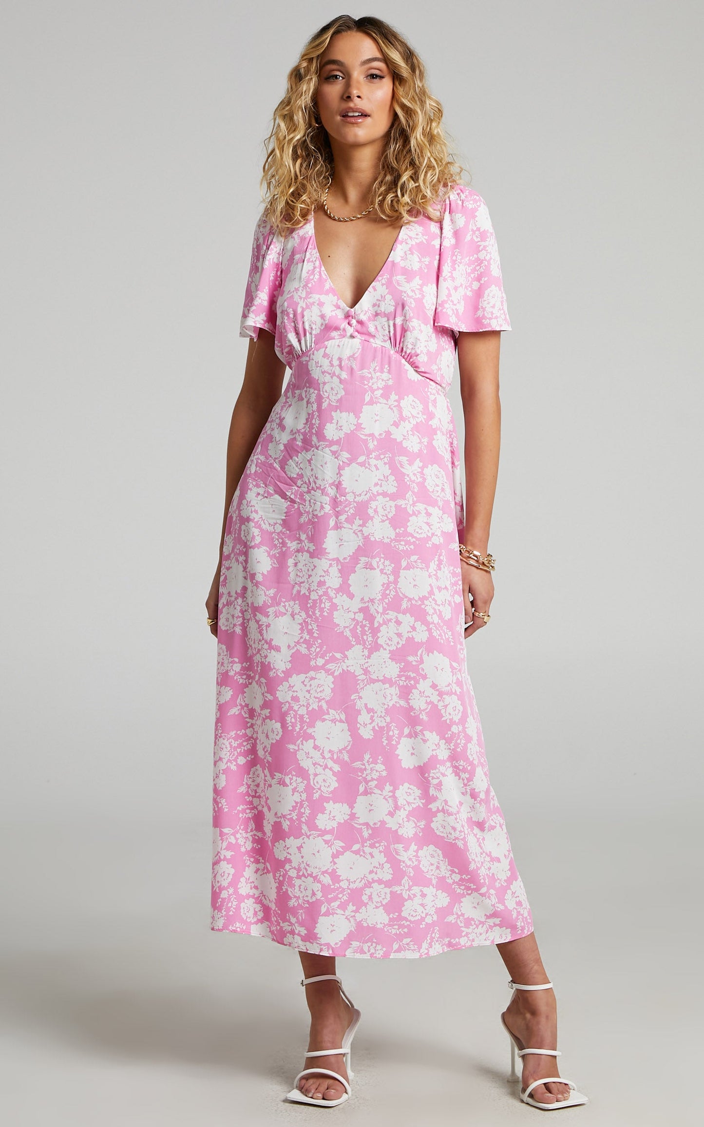 Ranella Button Front Midi Dress in Pink Floral