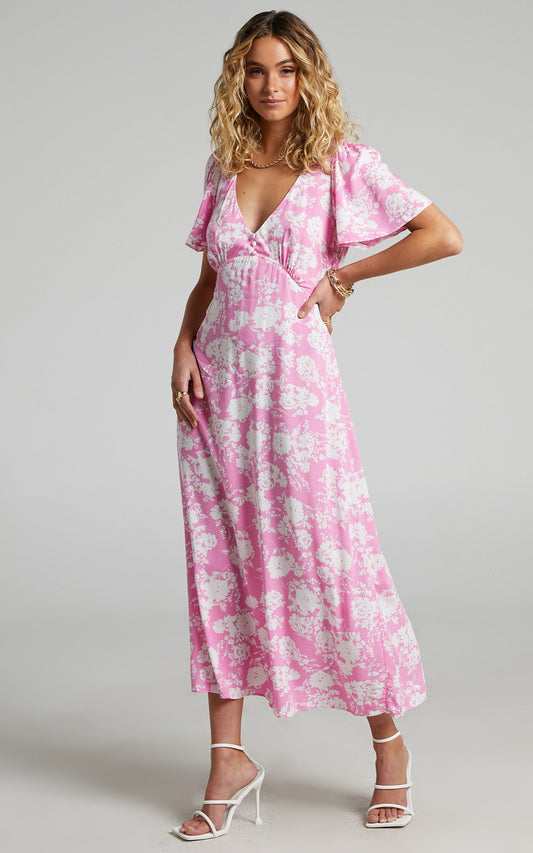 Ranella Button Front Midi Dress in Pink Floral
