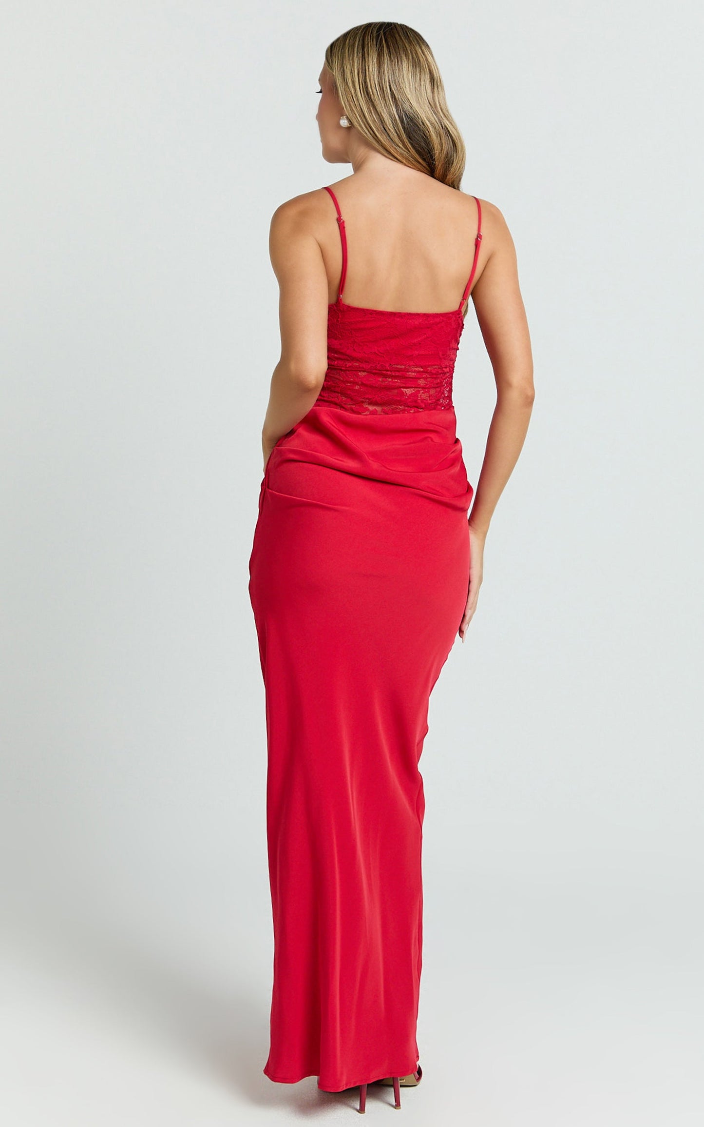 Rania Maxi Dress - Contrast Lace Bodice Bias Cowl Drop Waist Dress in Red