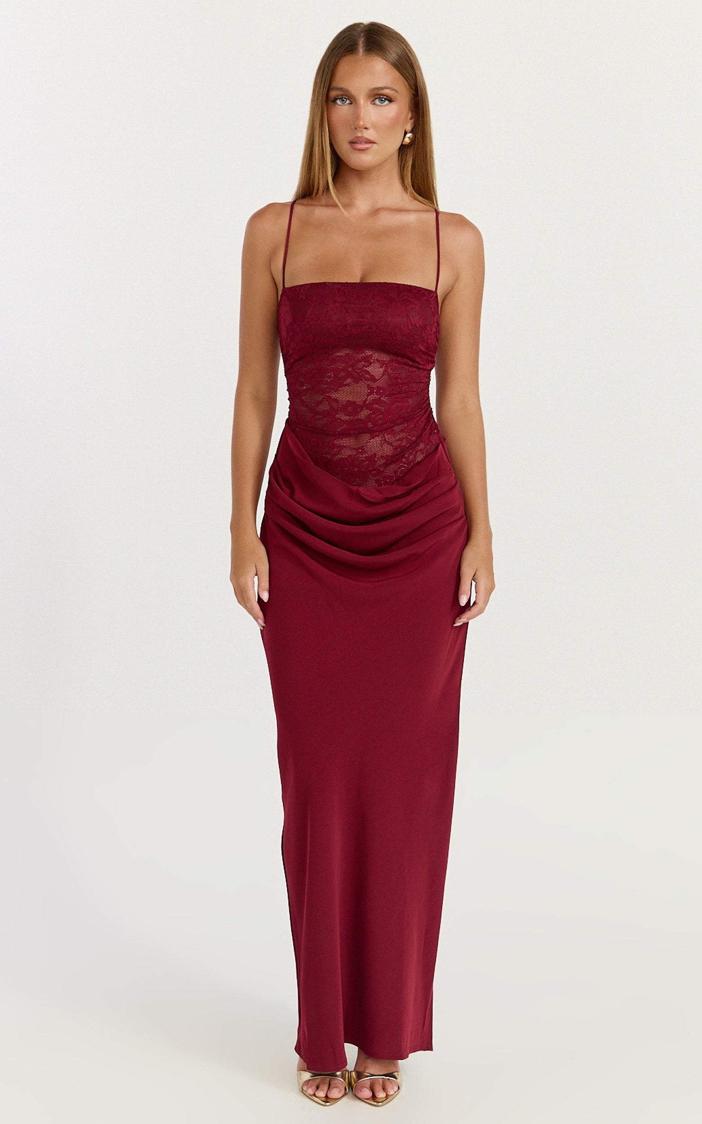 Rania Maxi Dress - Contrast Lace Bodice Bias Cowl Drop Waist Dress in Wine