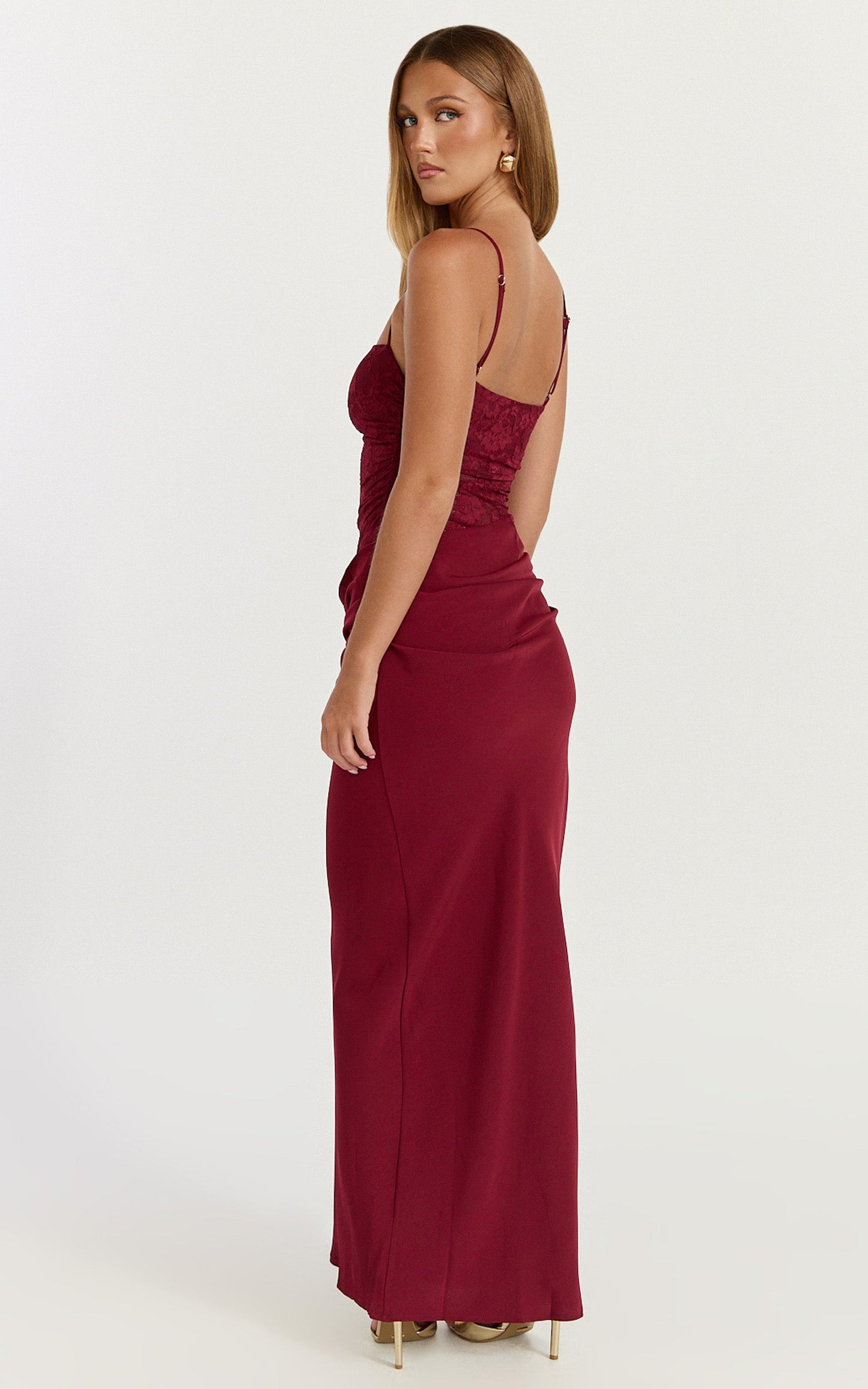 Rania Maxi Dress - Contrast Lace Bodice Bias Cowl Drop Waist Dress in Wine