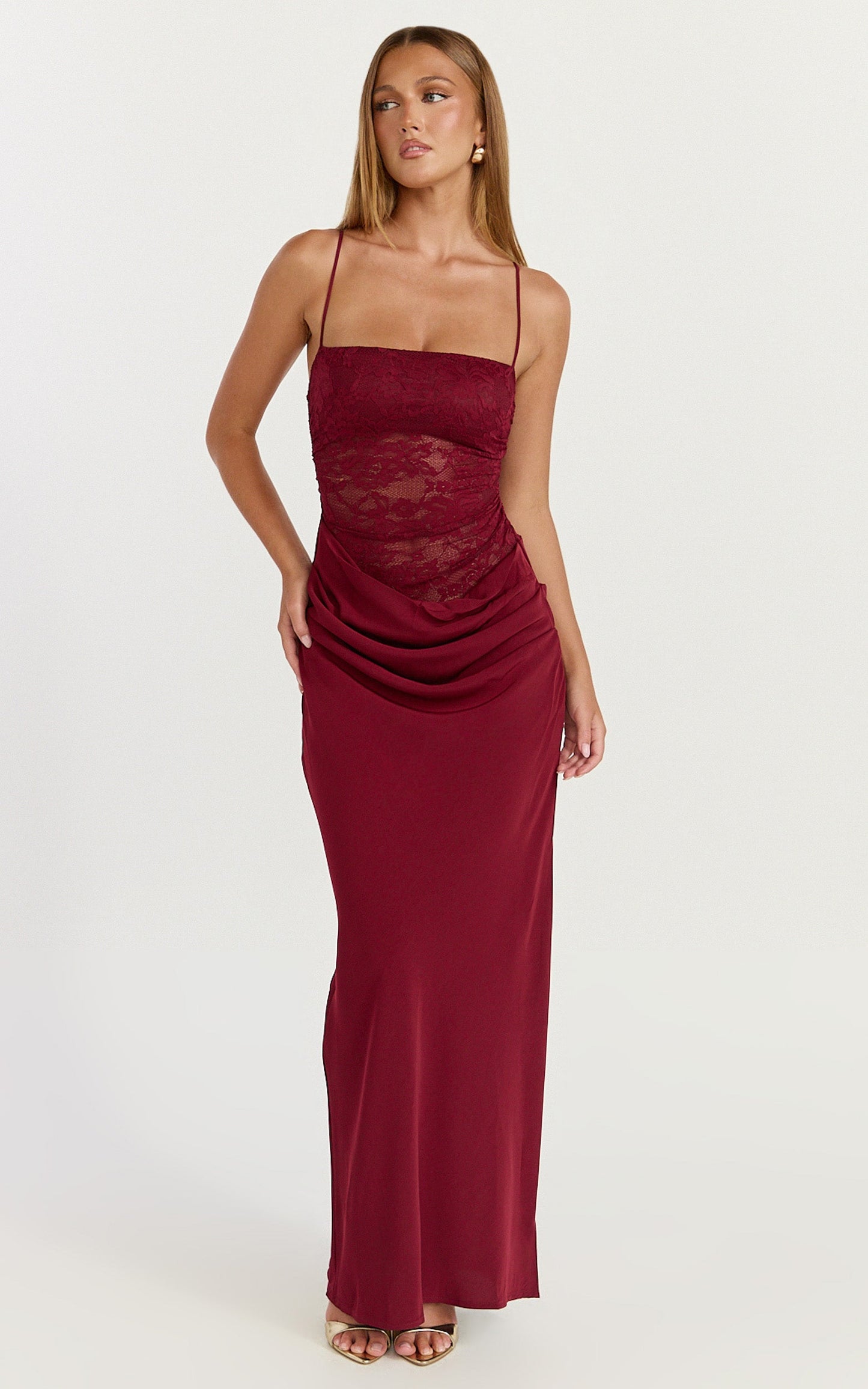 Rania Maxi Dress - Contrast Lace Bodice Bias Cowl Drop Waist Dress in Wine
