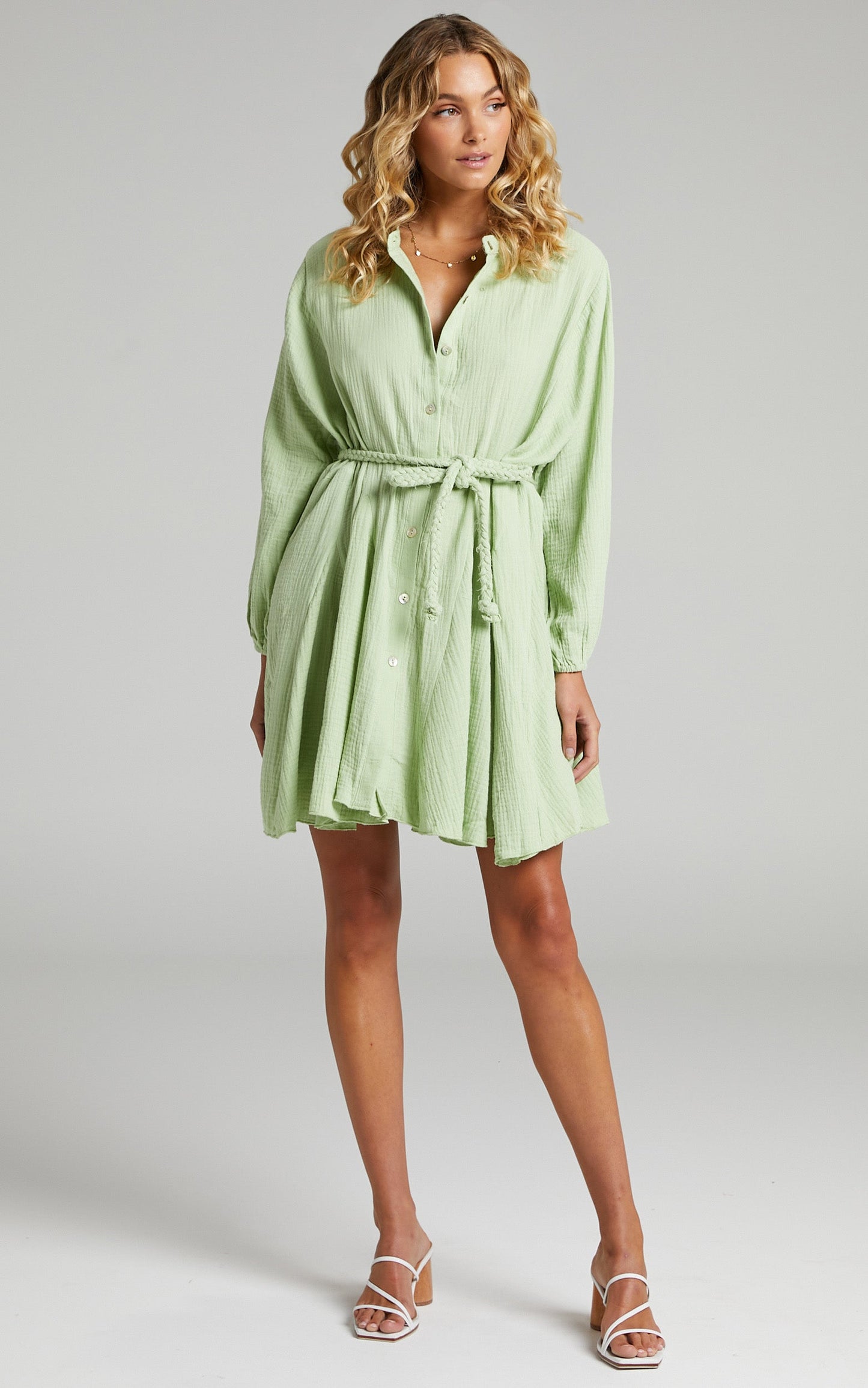 Raphaelle Mini Dress - Long Sleeve Button Up Dress in Green