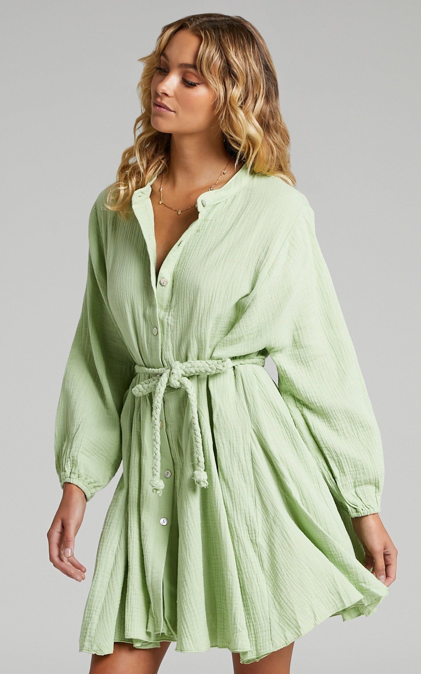 Raphaelle Mini Dress - Long Sleeve Button Up Dress in Green