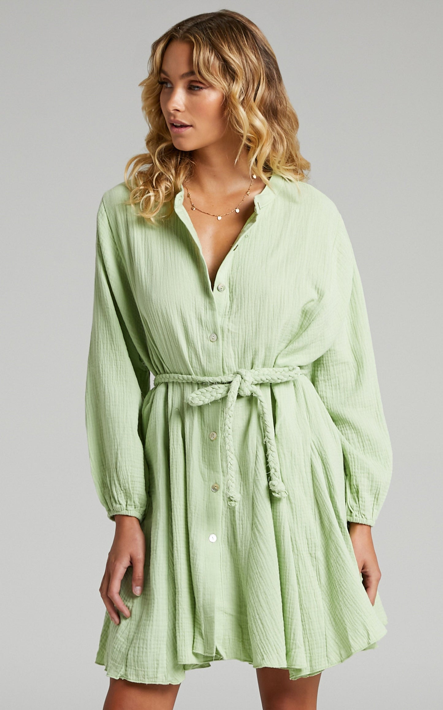 Raphaelle Mini Dress - Long Sleeve Button Up Dress in Green