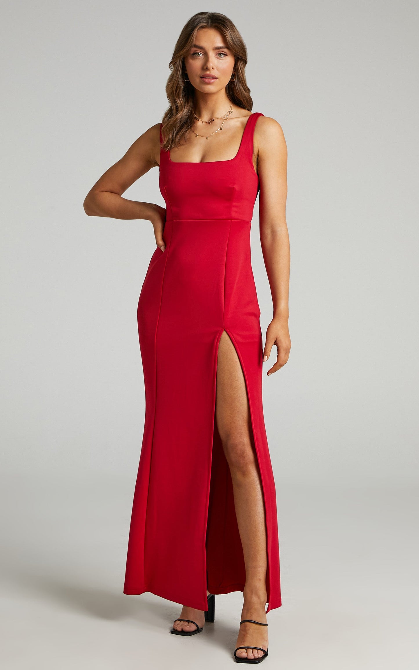 Raquelle Maxi Dress - Square Neck Thigh Split Dress in Red