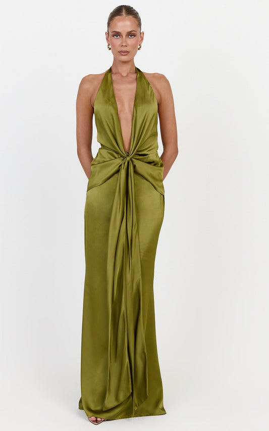 Raven Maxi Dress - Deep V Neck Tie Front Satin Dress in Olive