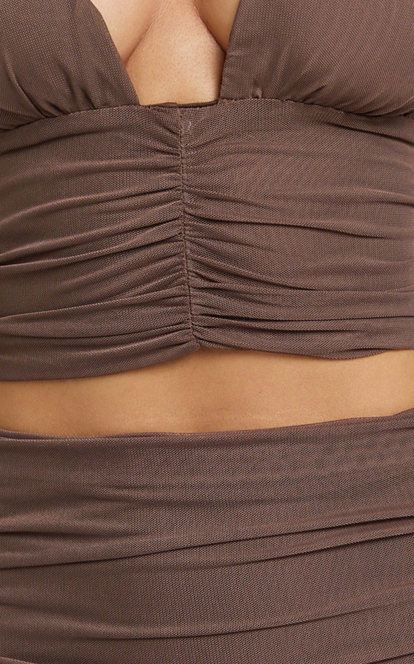 Ray Top - Halter Neck Mesh Ruched Top in Chocolate