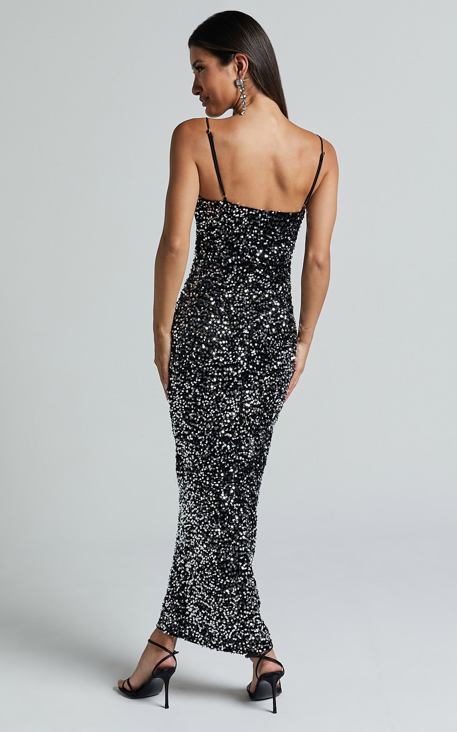 Rayner Midi Dress - V Bar Sequin Bodycon Dress in Black and Silver