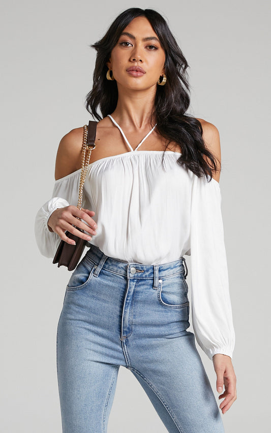 Rebel Off Shoulder Top with Halter Straps in White