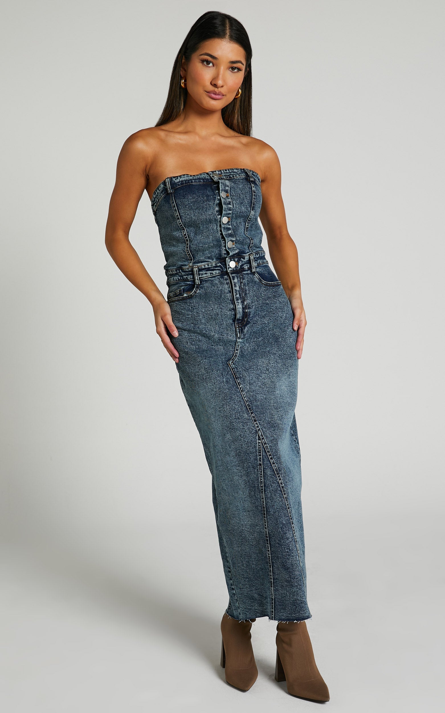 Reed Midi Dress - Strapless Button Down Dress in Dark Wash