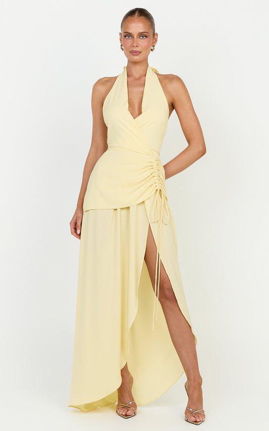 Reef Midi Dress - Plunge Halter Neck Ruched Waist Dress in Lemon