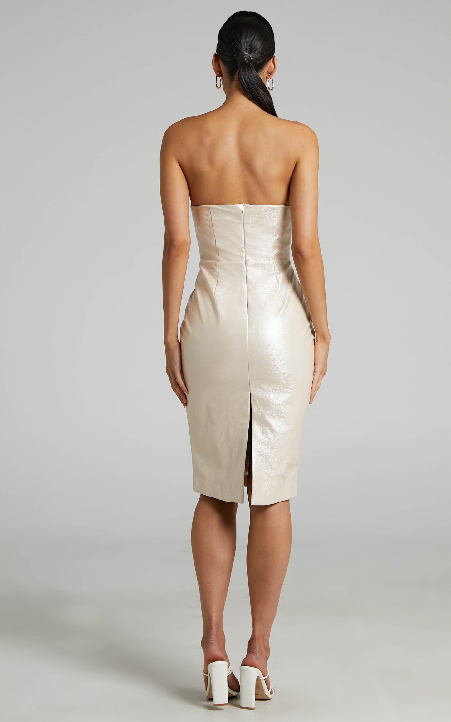 Reiko Midi Dress - Strapless Patent Faux Leather Dress in Oyster
