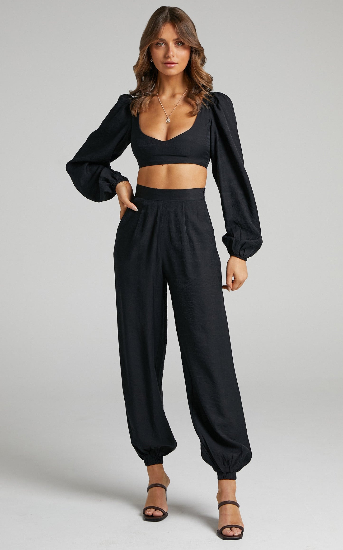 Renalyne  Genie Pants Two Piece Set with Balloon Sleeve in Black
