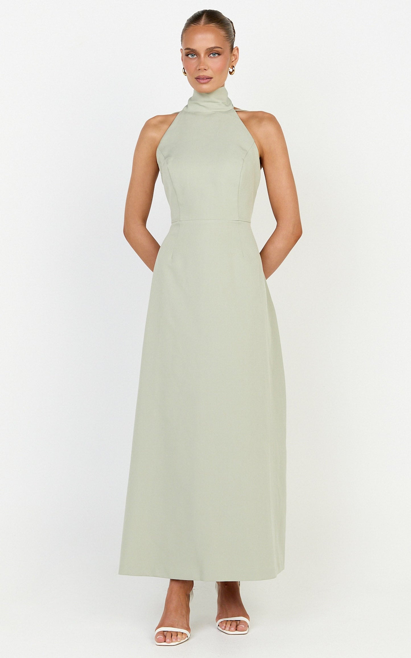 Renee Midi Dress - High Halter Sash Neck Tulip Skirt Dress in Sage
