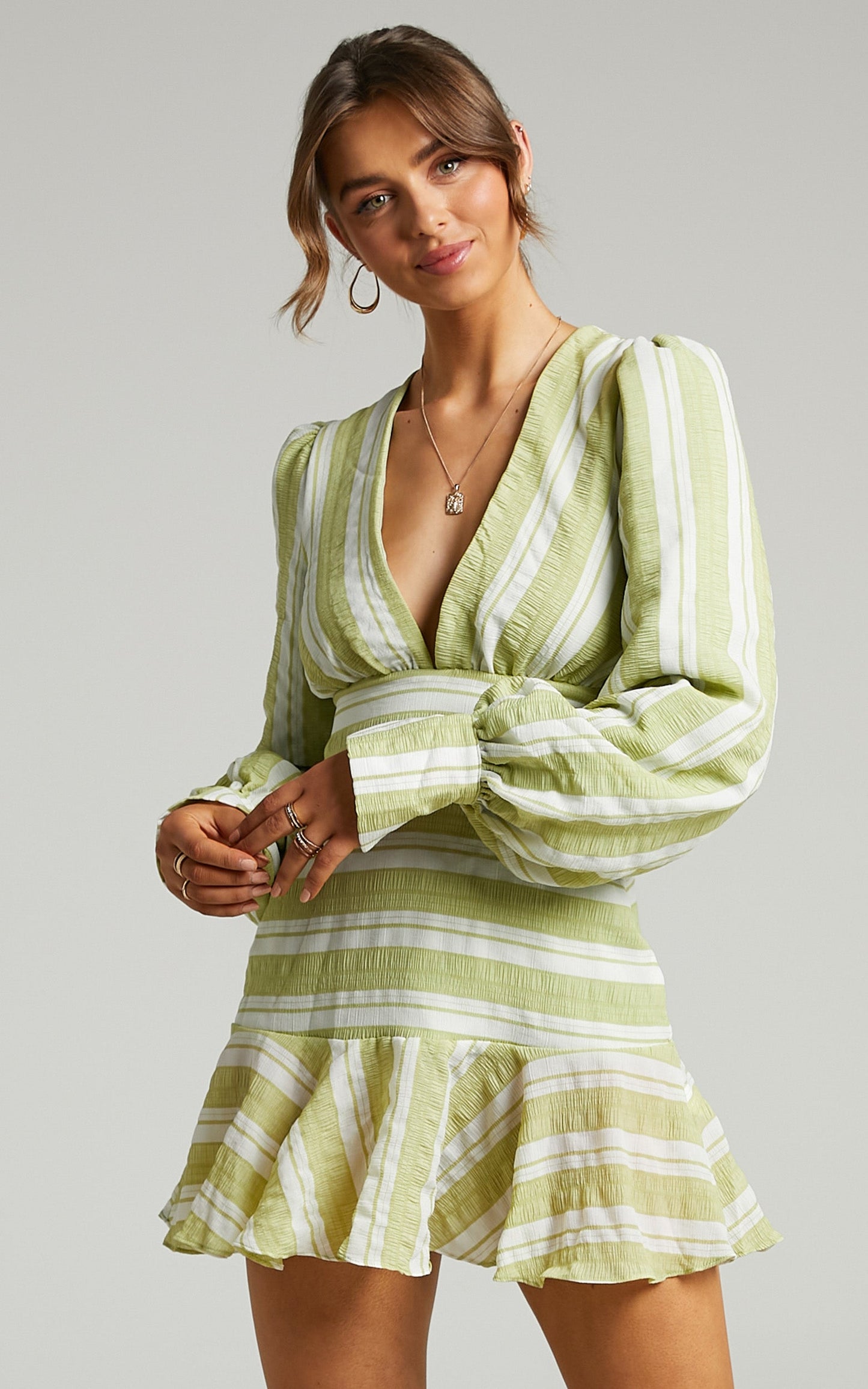 Rennie Balloon Sleeve V Neck Mini Dress in Green Stripe