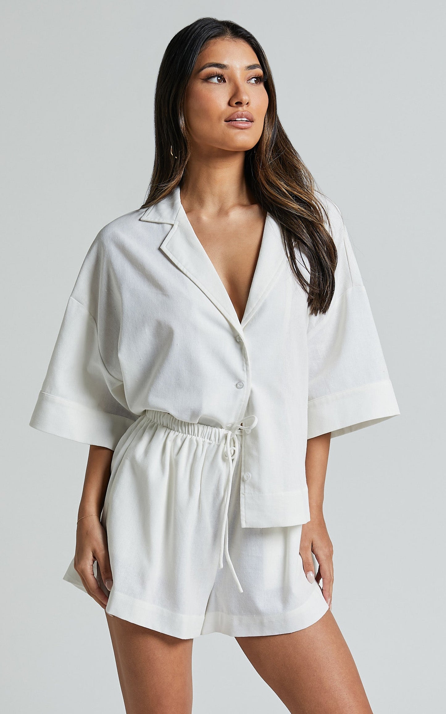 Renzo Shirt - Linen Look Collared Wide Sleeve Relaxed Shirt in White