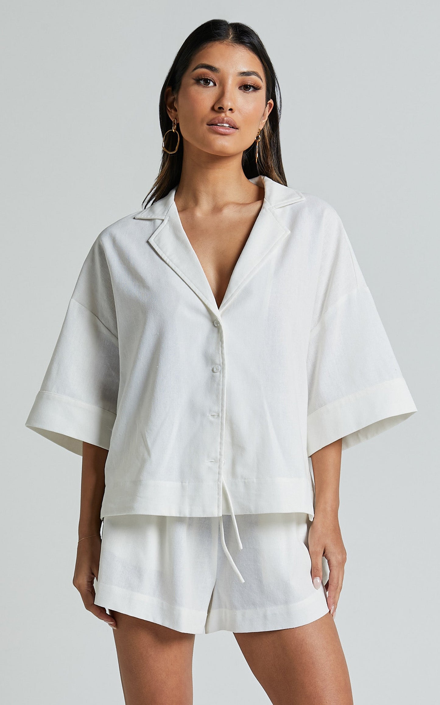 Renzo Shirt - Linen Look Collared Wide Sleeve Relaxed Shirt in White