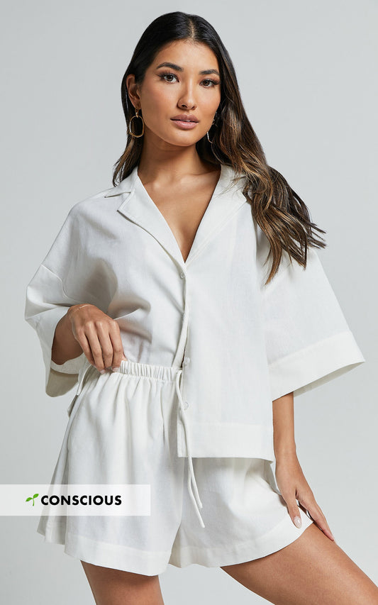 Renzo Shirt - Linen Look Collared Wide Sleeve Relaxed Shirt in White