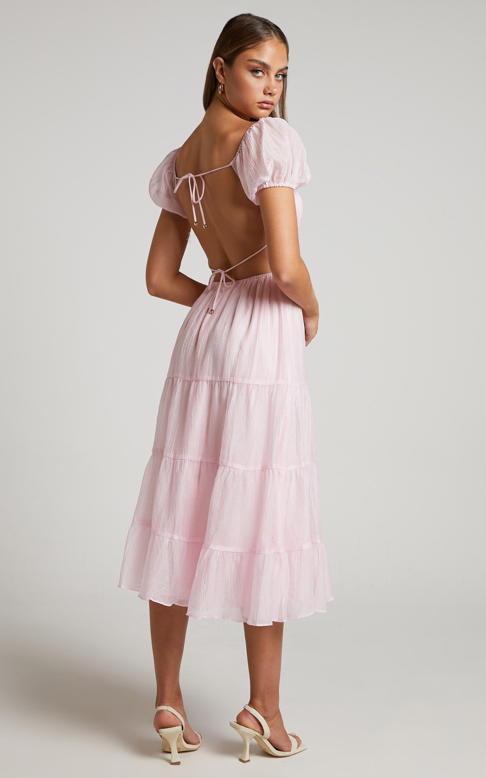 Emiralda Midi Dress - Puff Sleeve Sweetheart Tiered Midi Dress in Pink