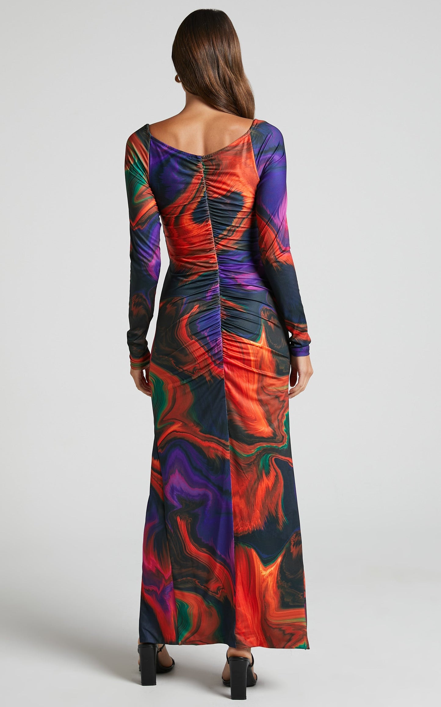 Rhaine Midi Dress - Cut Out Ruched Front Split Long Sleeve Dress in Phoenix Rising