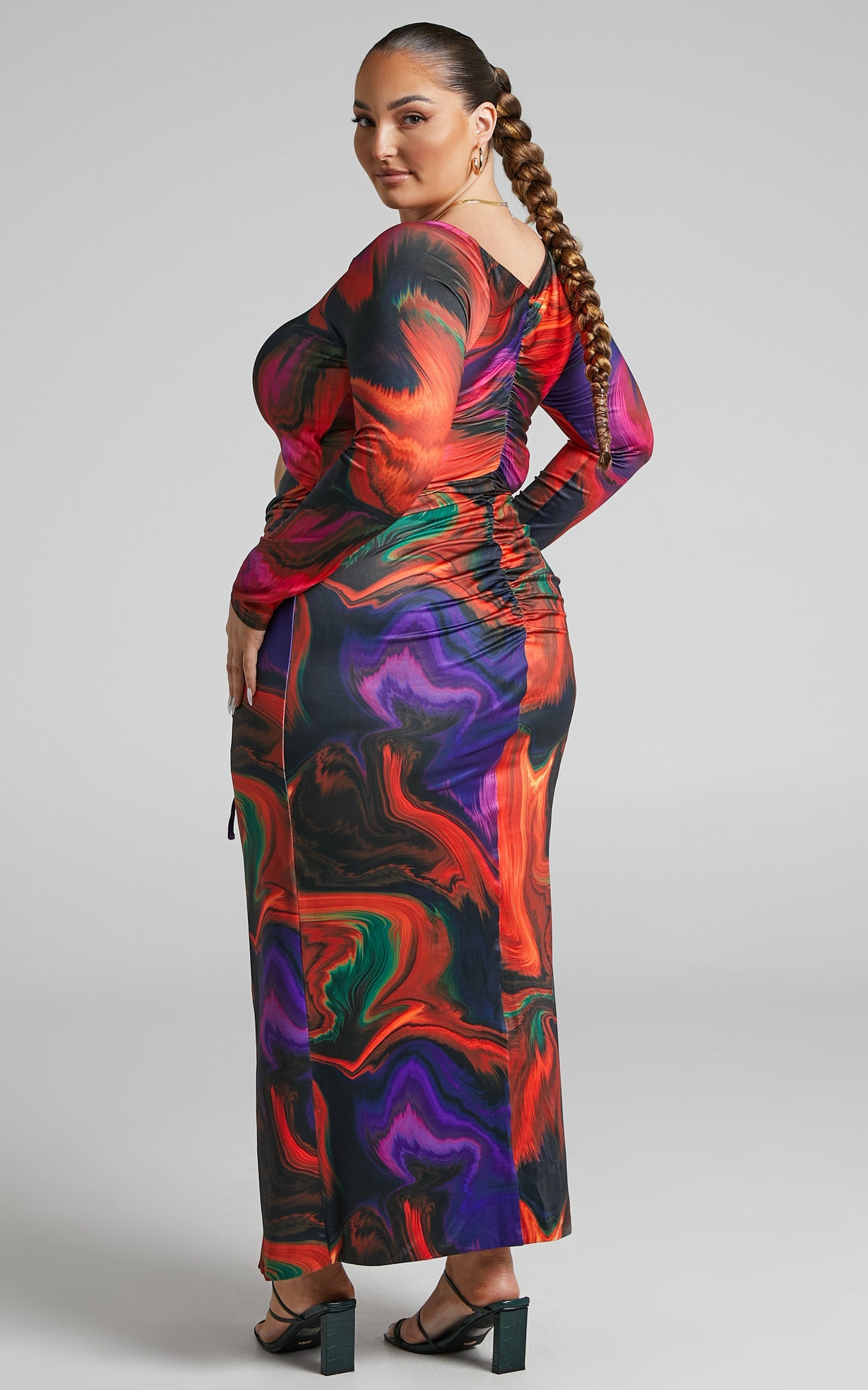 Rhaine Midi Dress - Cut Out Ruched Front Split Long Sleeve Dress in Phoenix Rising