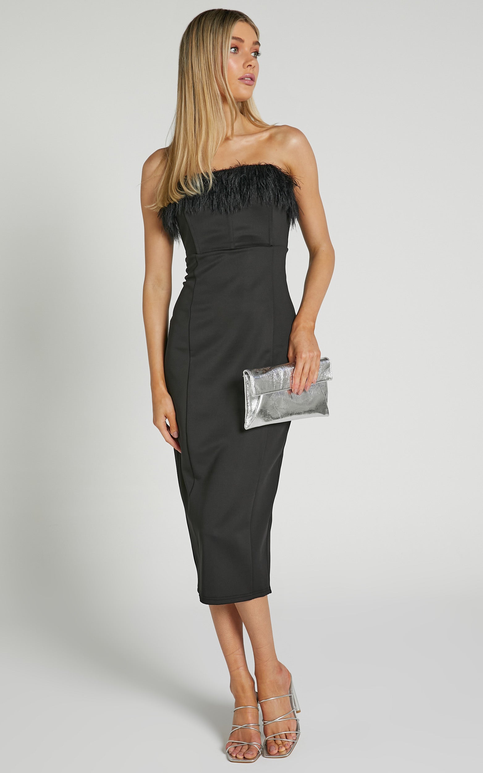 Rhaiza Midi Dress - Faux Feather Trim Strapless in Black