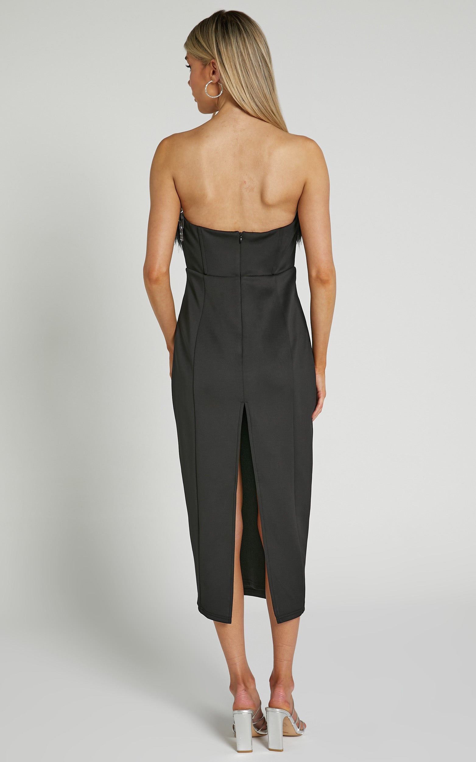 Rhaiza Midi Dress - Faux Feather Trim Strapless in Black