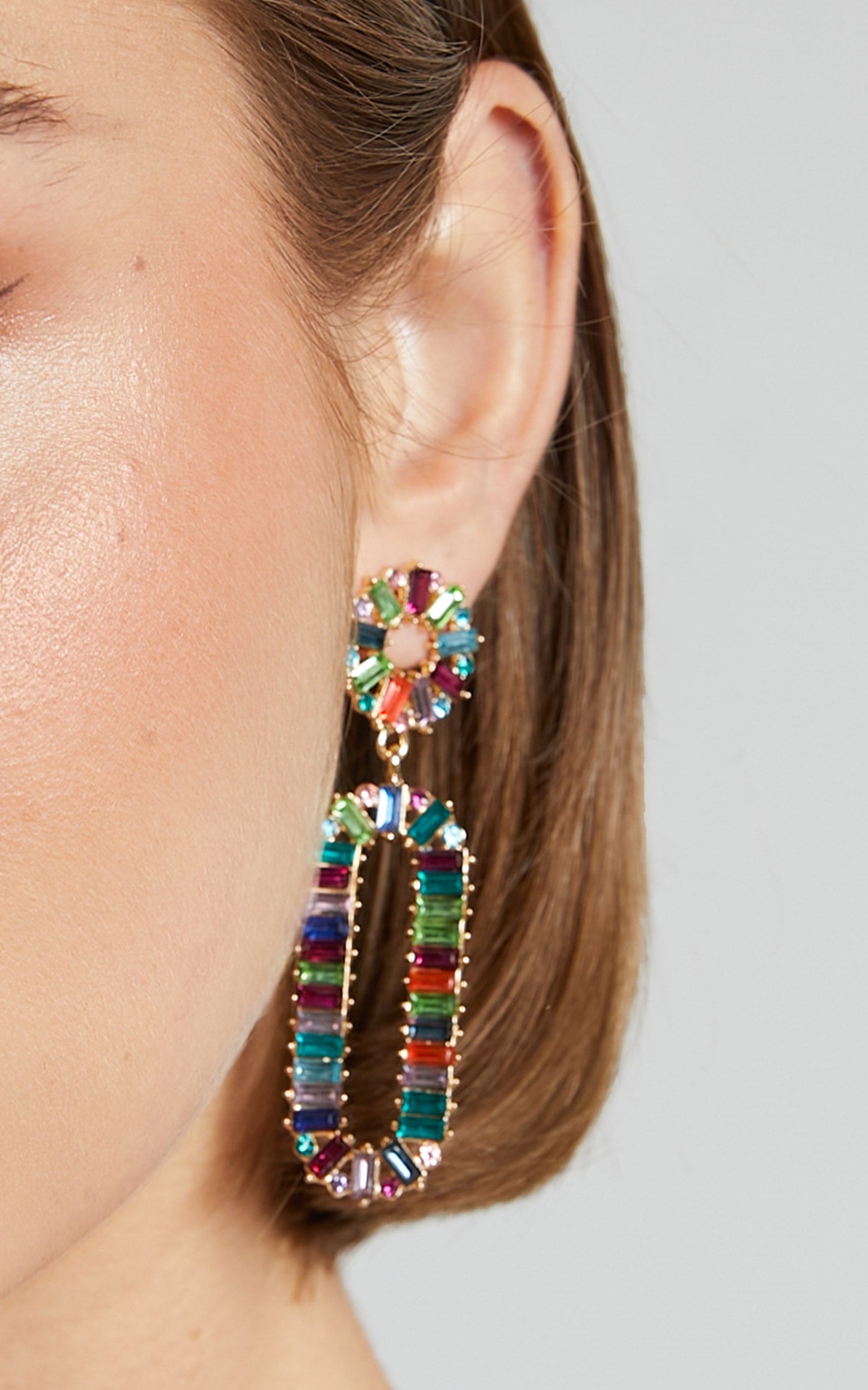Rhanda Earrings - Gemstone Drop Earrings in Multicolour Diamante