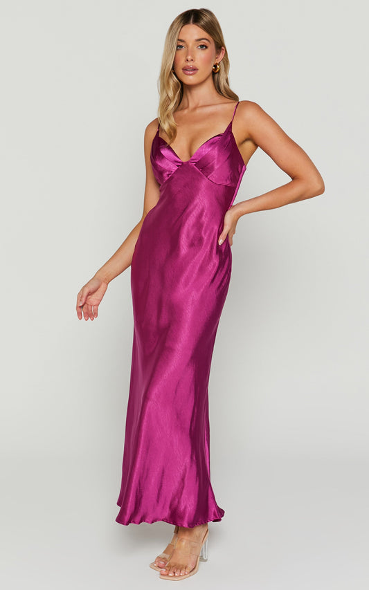 Rhazelle Midi Dress - Deep V Ruched Neck Dress in Fuchsia