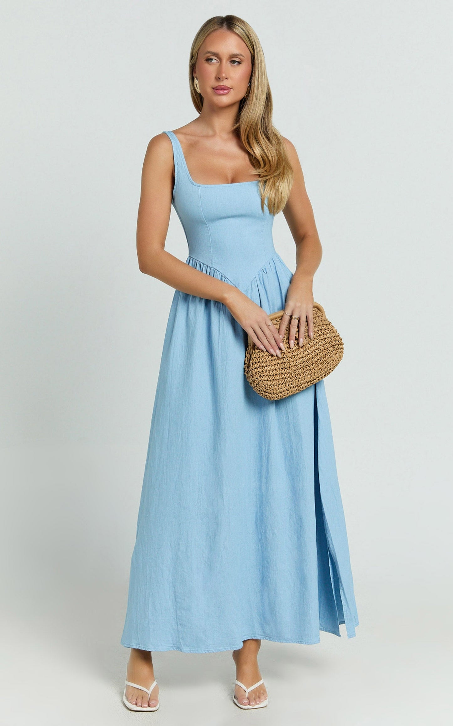 Rhaziya Midi Dress - Sleeveless Straight Neck Fit and Flare Dress in Blue