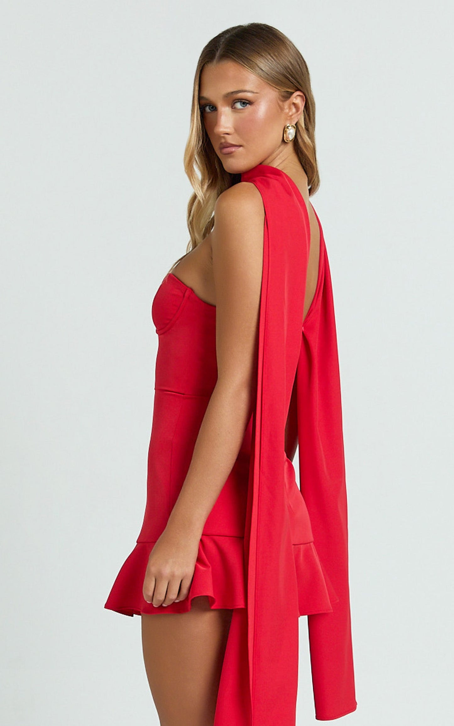 Rhea Mini Dress - Strapless Bustier Fit Bodice Drop Waist Frill Hem Skirt in Raspberry