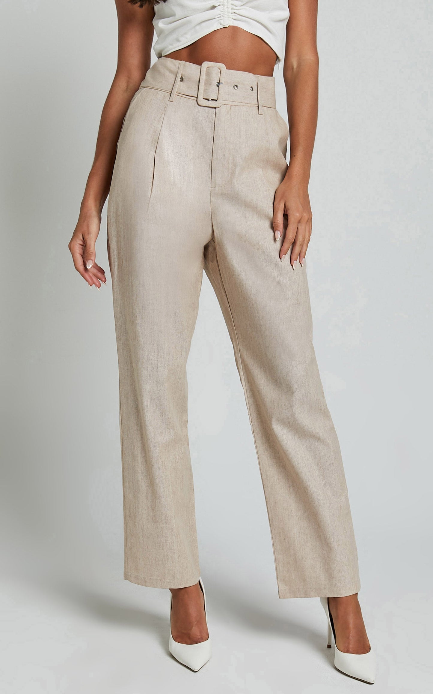 Rhea Pants - Linen Belted Straight Leg Pants in Natural