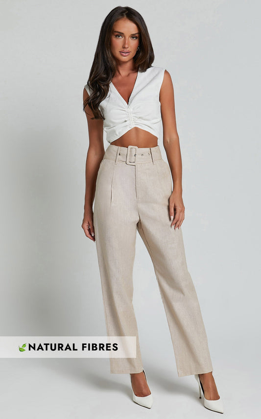 Rhea Pants - Linen Belted Straight Leg Pants in Natural