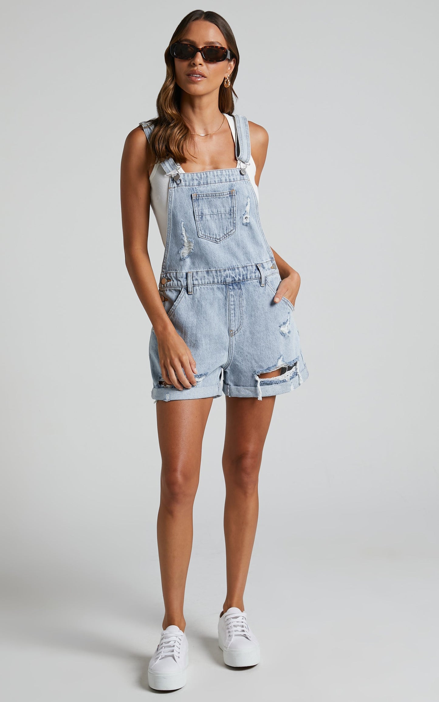 Rheana Overalls - Recycled Cotton Denim Short Overalls in Mid Blue Wash